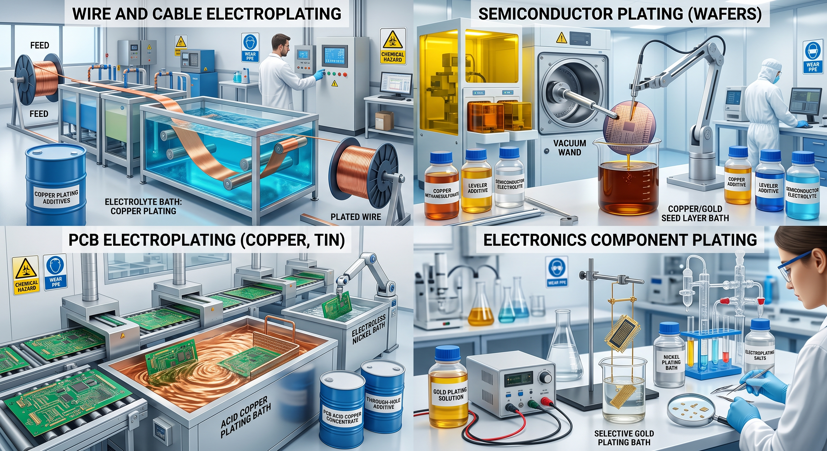 Electroplating chemicals for wire, cables, semiconductors, PCB and electronics